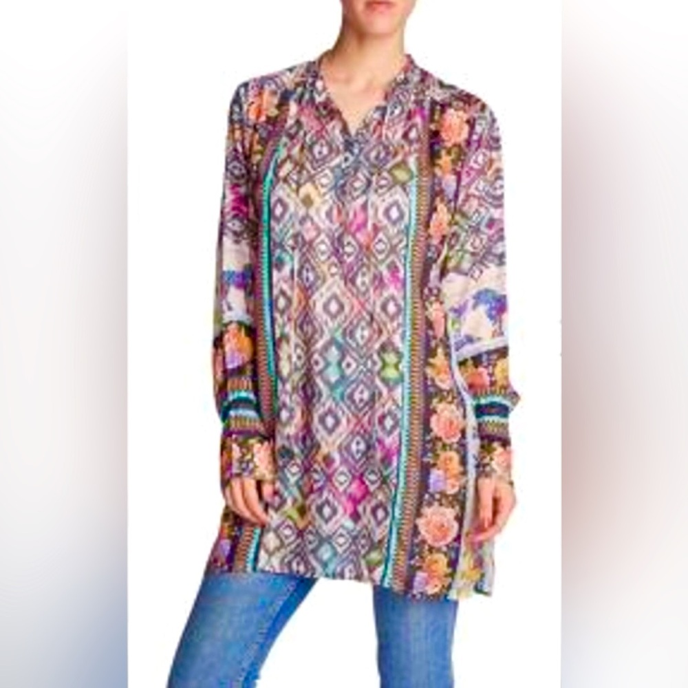 Johnny Was Long Sleeve Print Boho Whimsy  Button Up Tunic Dress w Tassel Ties